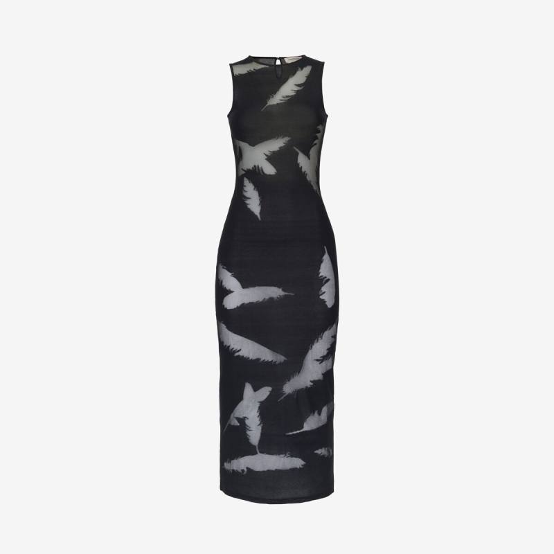 Alexander McQueen Women's Black Feather Intarsia Pencil Dress - L (Cotton, Silk & Polyamide)